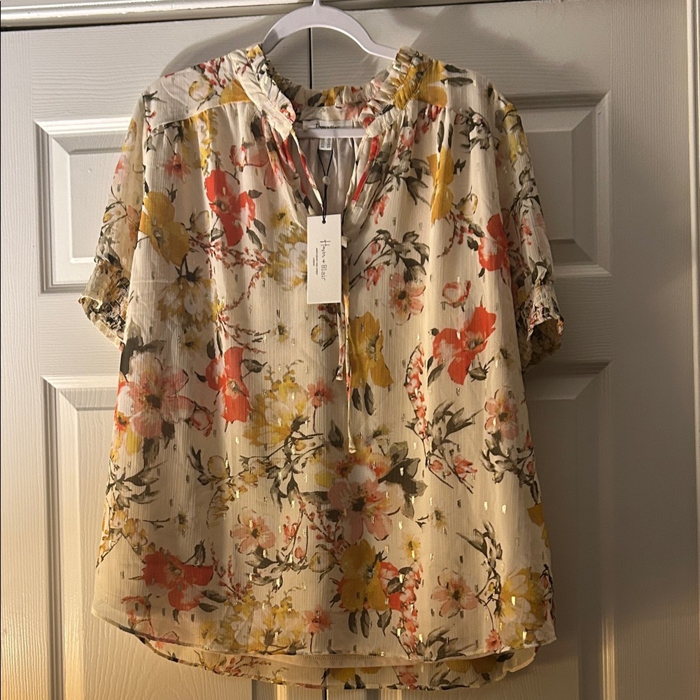 Floral Print Blouse with Ruffled Neckline